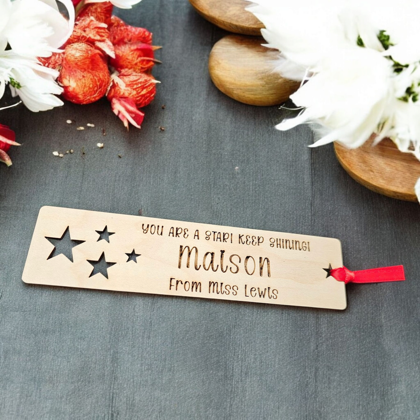 Personalised Wooden Bookmark – Teacher Gift to Student | Custom Name School Leaver Keepsake