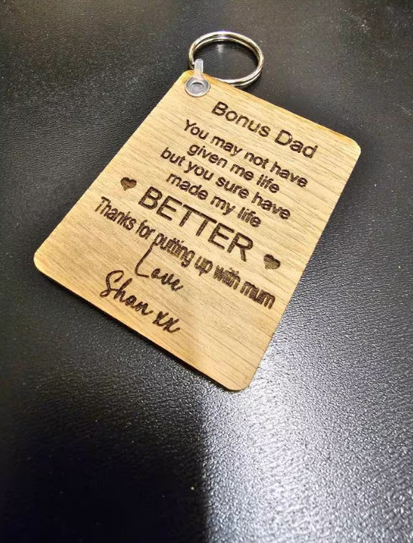 Personalised bonus dad keyring, stepdad gift, personalised gift, fathers day gift, wooden keyring, bespoke,  rustic,