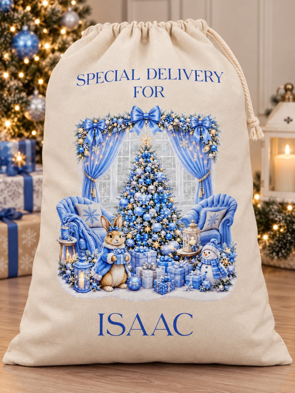 Personalised Blue Christmas Santa Sack | Special Delivery Christmas Gift Bag | Boys Xmas Present Sack | Custom Name