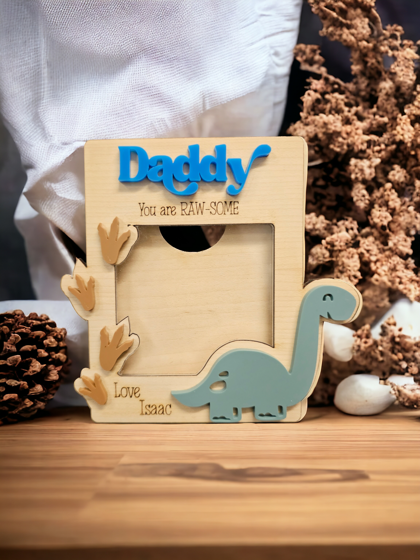 Personalised dinosaur magnetic photo frame.