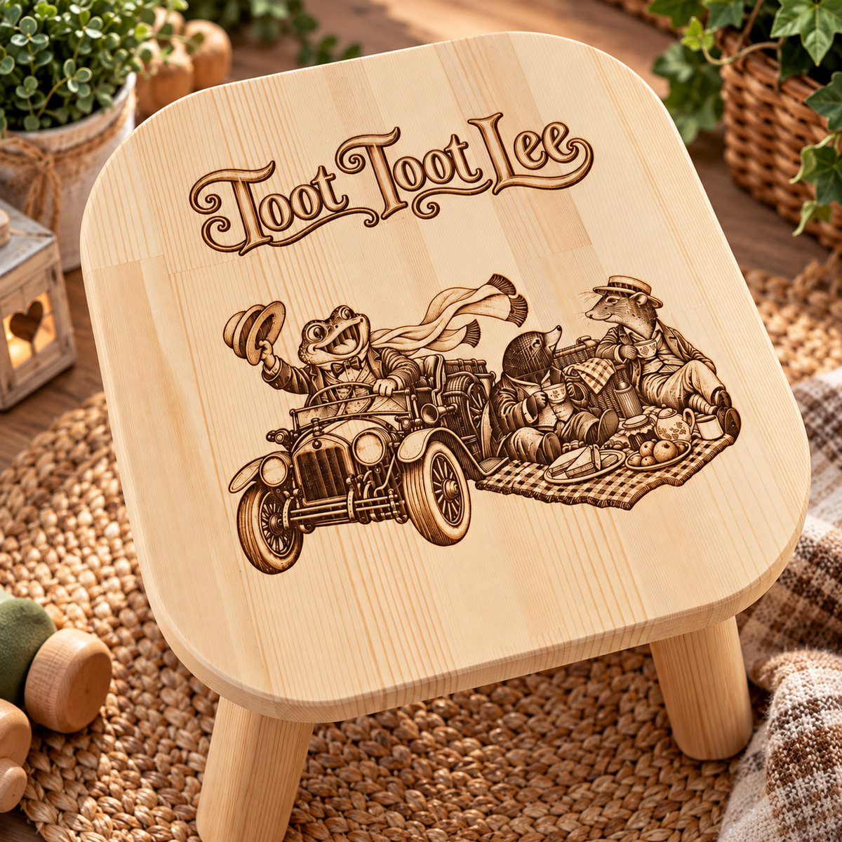 Personalised Wooden Children's Stool – Toot Toot Storybook Design – Engraved Nursery Gift