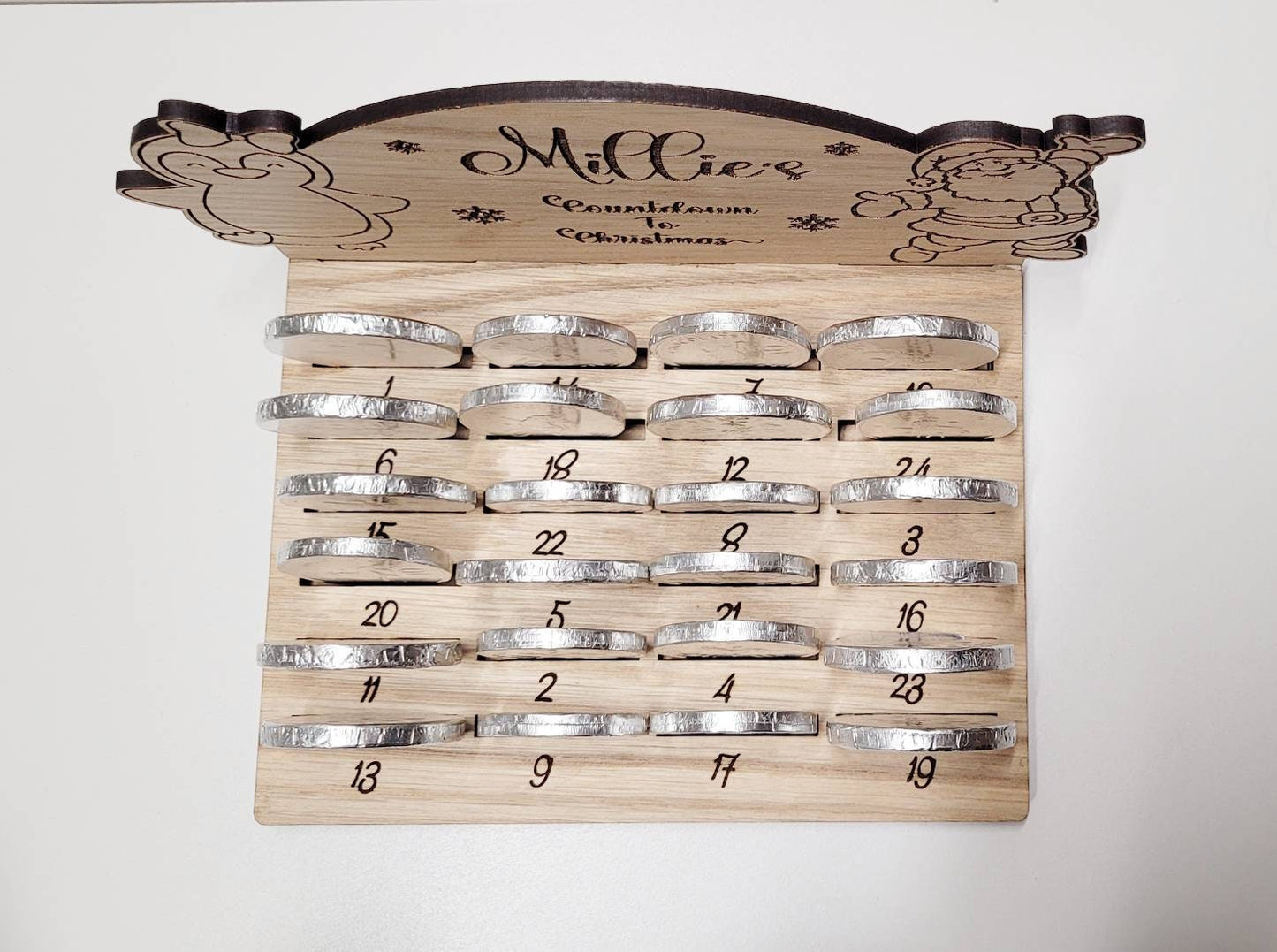 Personalised chocolate coin advent calendar, Personalised Christmas advent, chocolate coin holder, oak vaneer laser cut advent