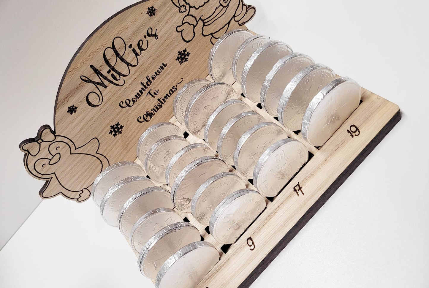Personalised chocolate coin advent calendar, Personalised Christmas advent, chocolate coin holder, oak vaneer laser cut advent