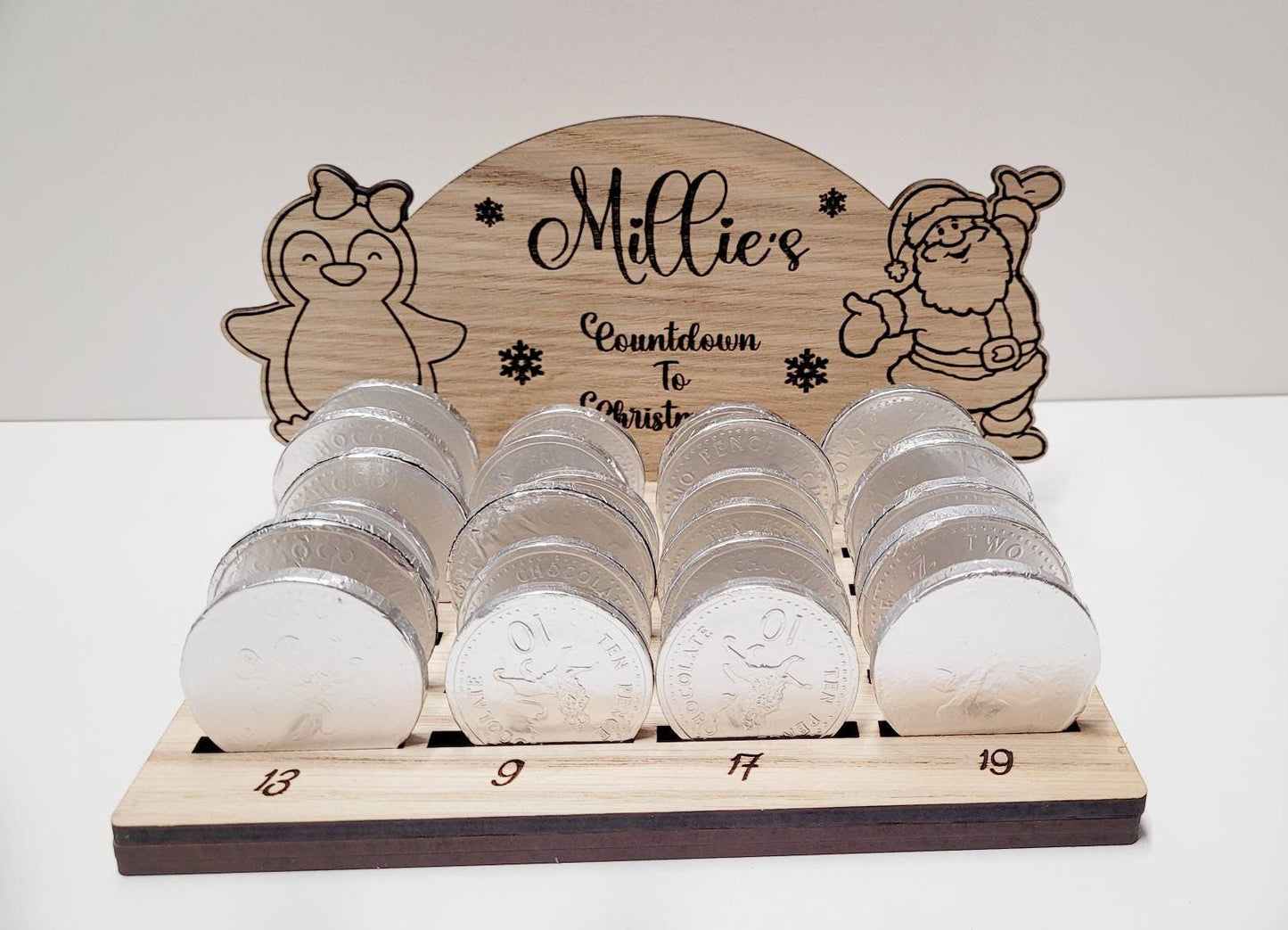 Personalised chocolate coin advent calendar, Personalised Christmas advent, chocolate coin holder, oak vaneer laser cut advent