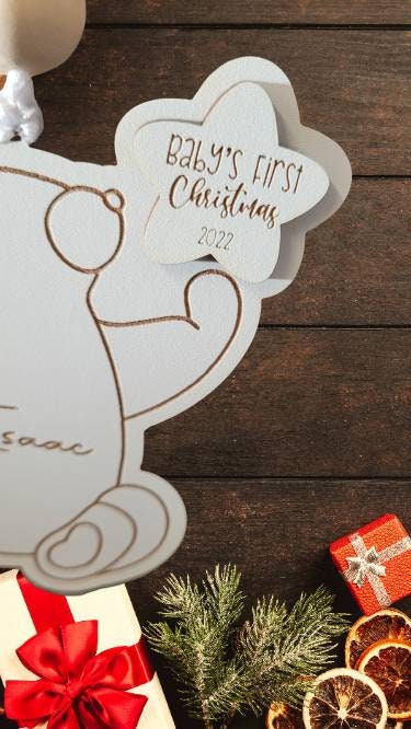 Gazing polar bear personalised 1st Christmas decoration, first Christmas, hanging decoration, keepsake, personalised Christmas decorations