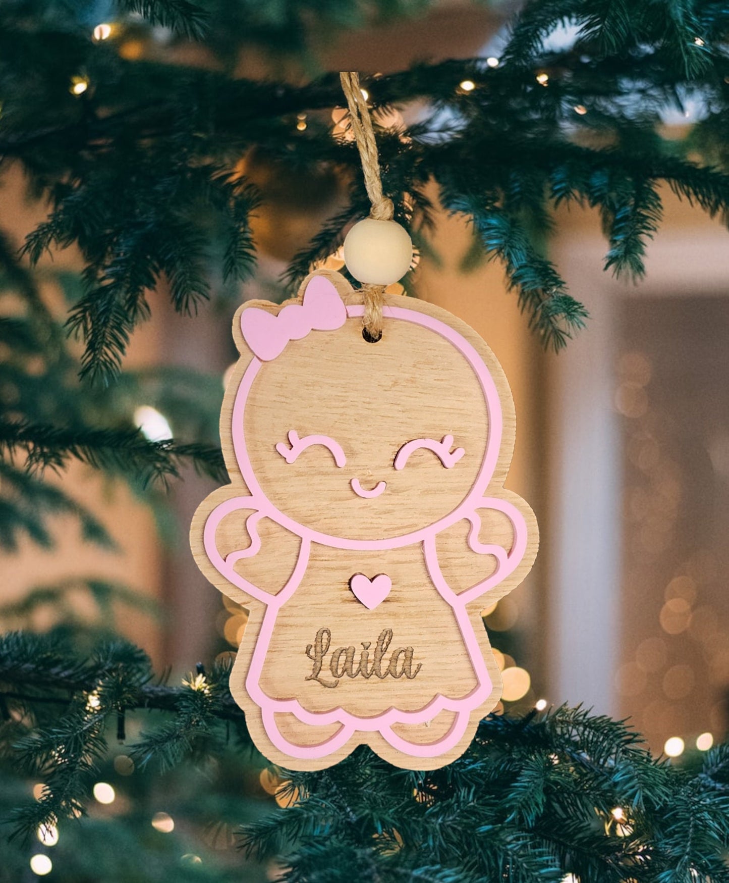 Personalised gingerbread person tree decoration, personalized tree decoration, gingerbread boy, gingerbread girl, oak Christmas tree decor