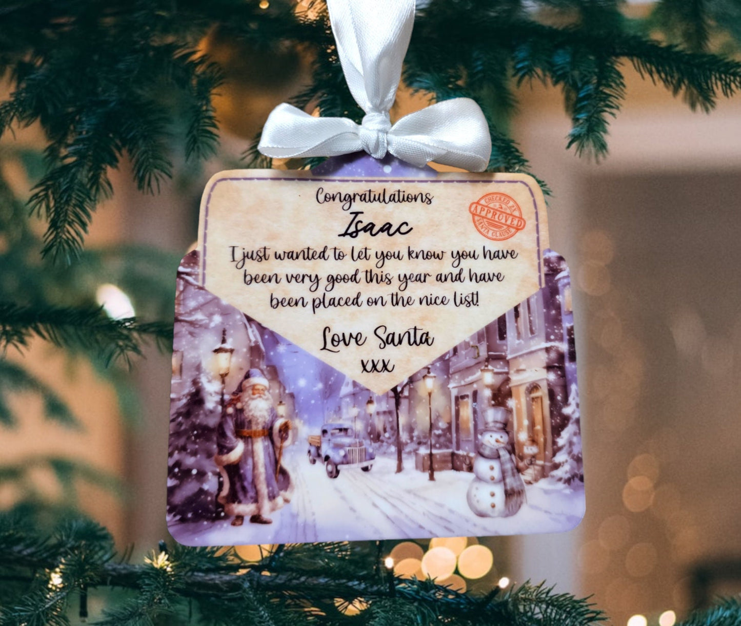 Personalised Letter from santa tree decoration, personalised nice list decoration, pink and blue, children's Christmas, keepsake.