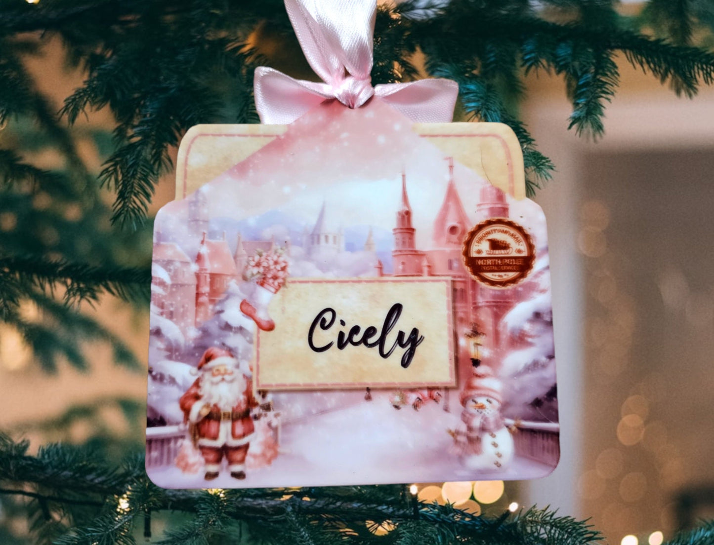 Personalised Letter from santa tree decoration, personalised nice list decoration, pink and blue, children's Christmas, keepsake.