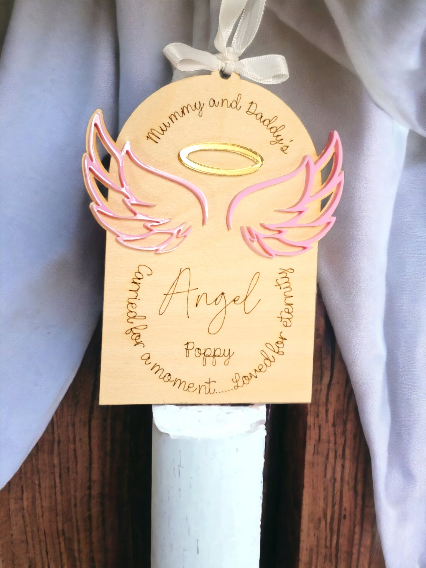 Angel baby memorial gift, baby loss gift, personalised memorial, miscarriage awareness, loved one in heaven, angel wings, wooden