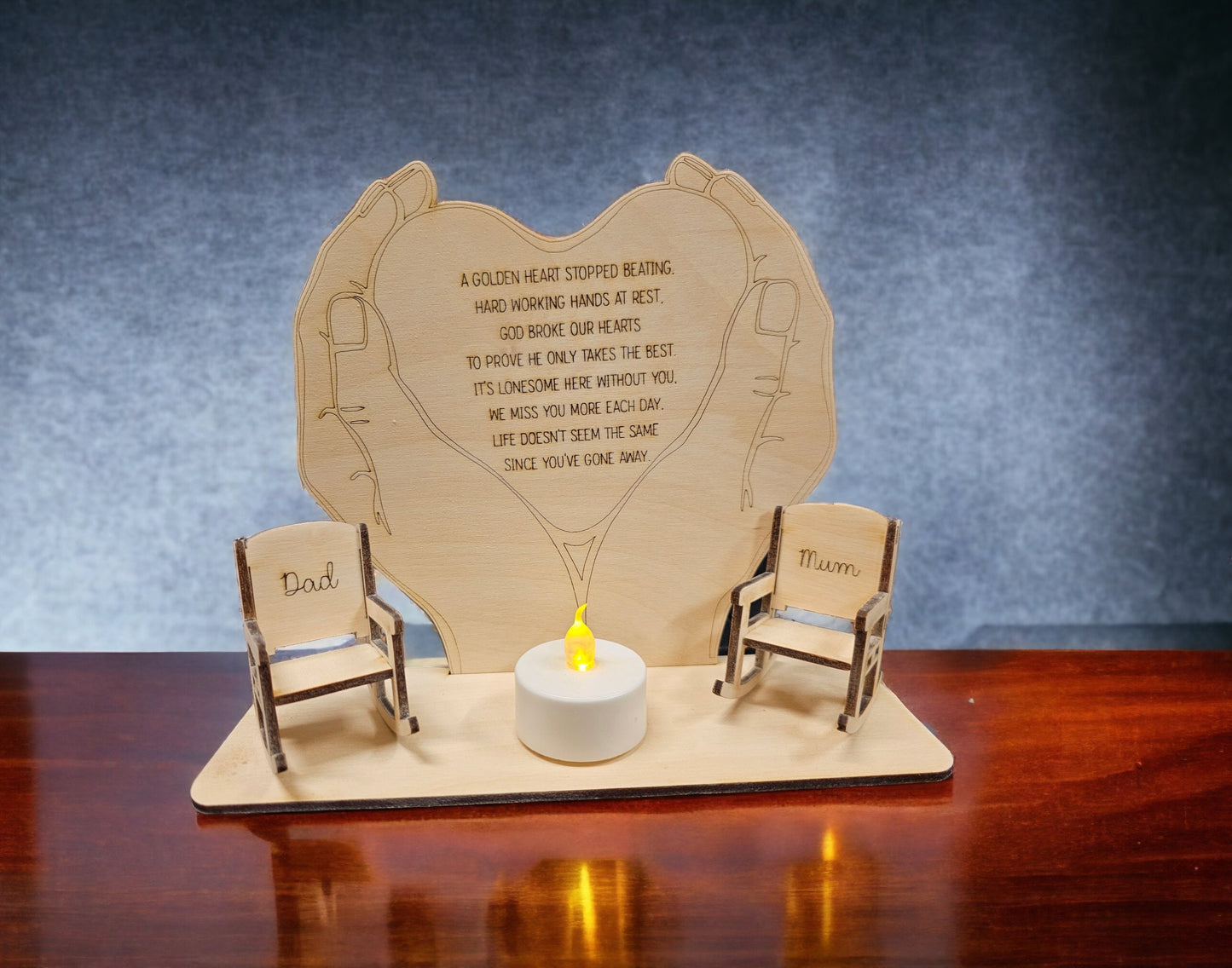 God's hands personalised memorial plaques with personalised chairs and pet bed, personalised memorial, wooden memorial