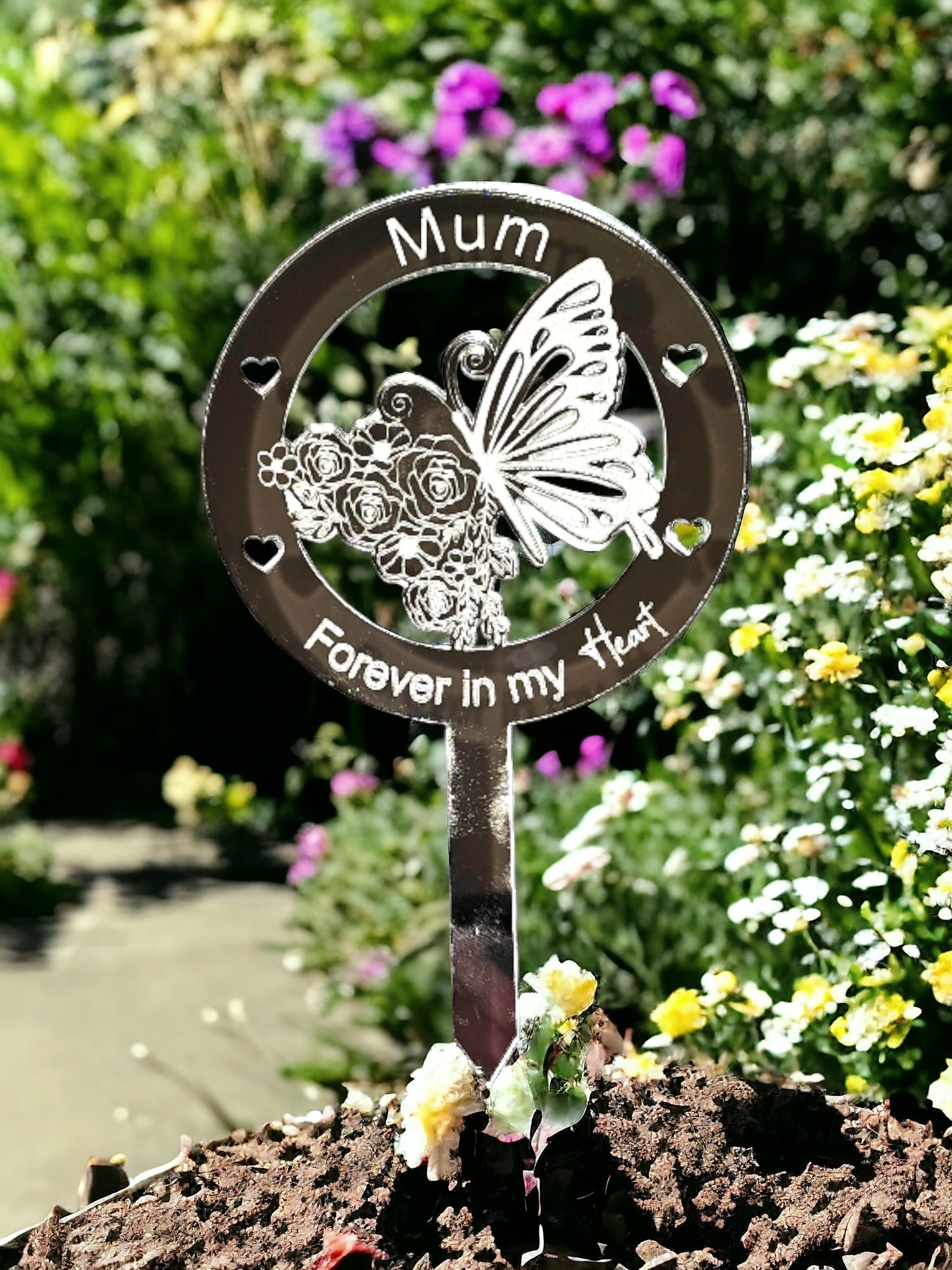 Personalised butterfly memorial grave marker, your own text, cemetery ornament, loved one in heaven, remembrance, silver mirror.