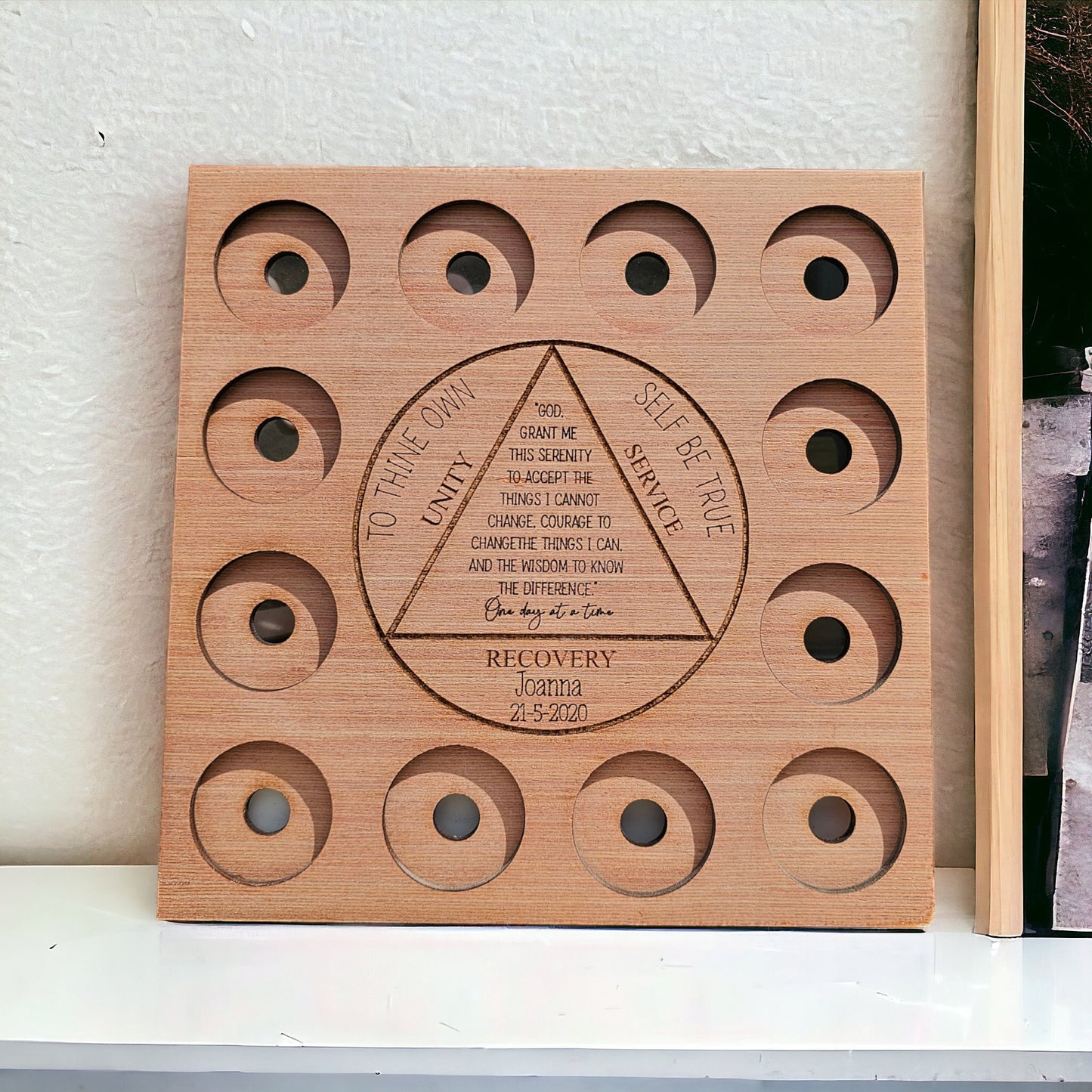 Personalised recovery token display, recovery tokens,Personalized Serenity Prayer Recovery Chip Holder, AA display, maple wood, wood