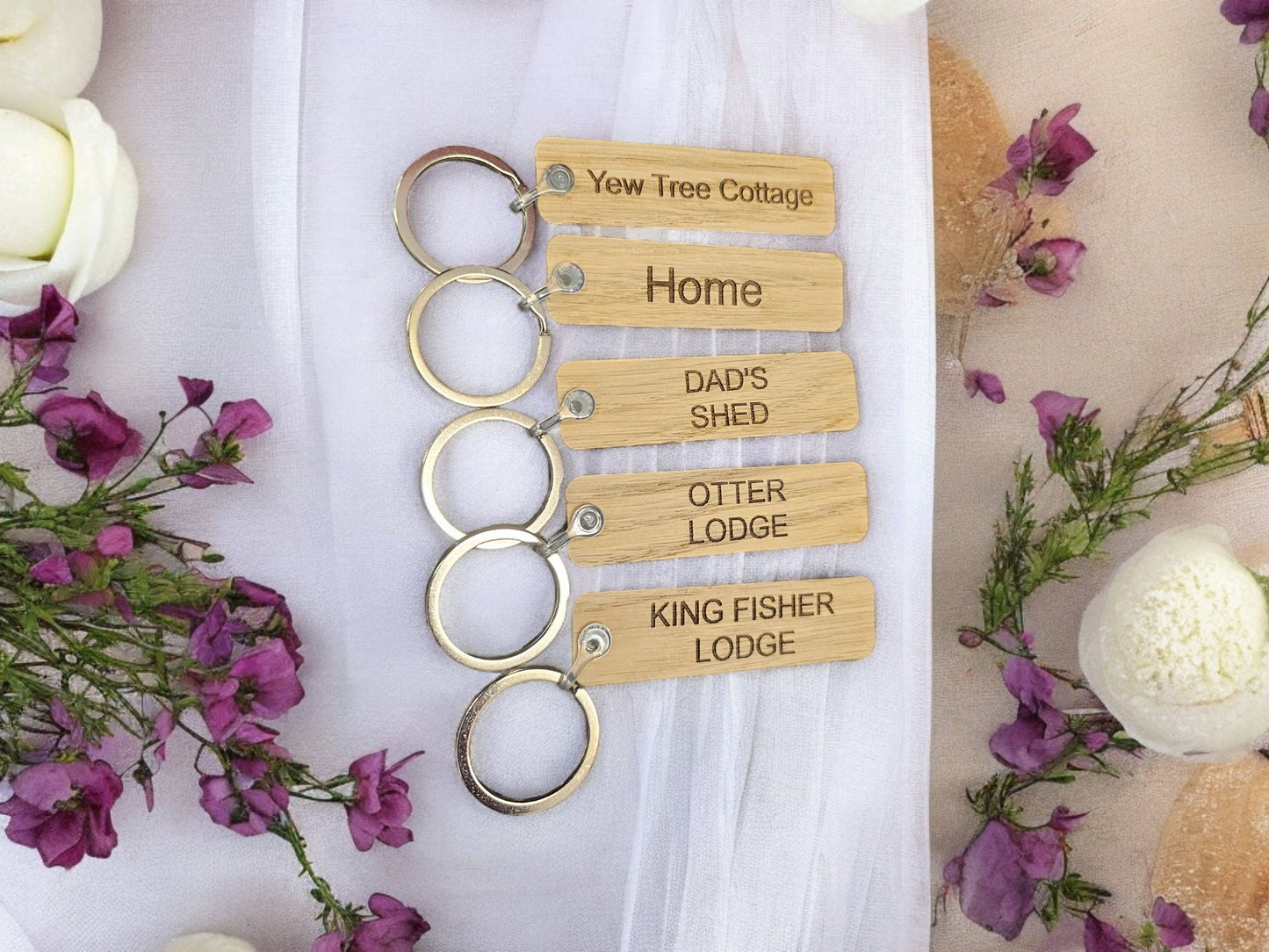 personalised rectangular oak keyring, air B&B, caravan, hot tub, hotels, car keys, shed, hospitality, rustic wooden keyring