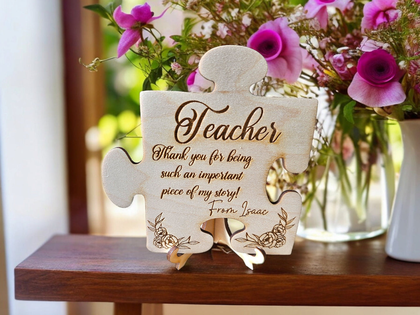 personalised jigsaw piece, teacher gift, school leavers, end of term gift, wooden gifts, engraved jigsaw piece, maple wood.
