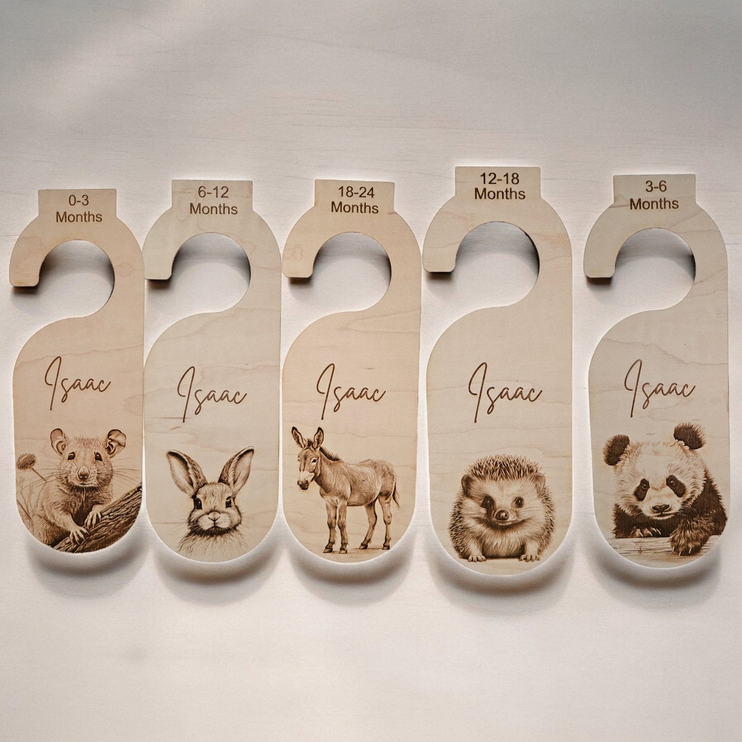 set of 5 woodland animal personalised baby wardrobe dividers, baby gift, rustic, maple, engraved, animals, nursery wardrobe dividers.