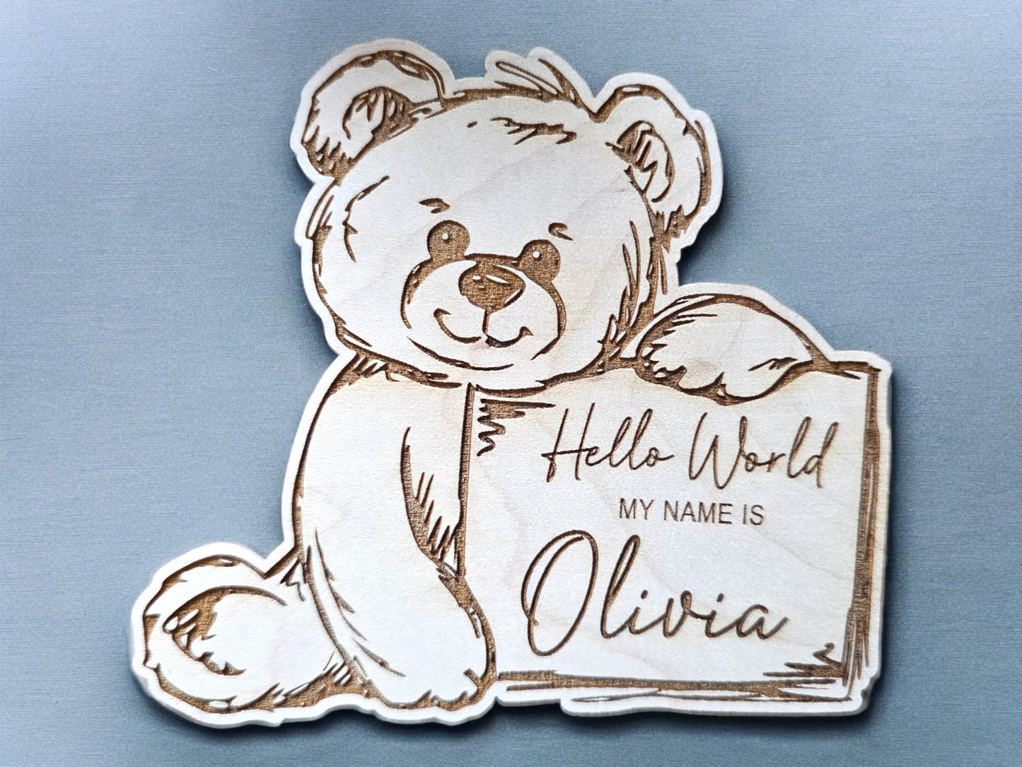 personalised Teddy hello world, rustic hello world, baby announcement, baby photo props, baby birth arrival sign