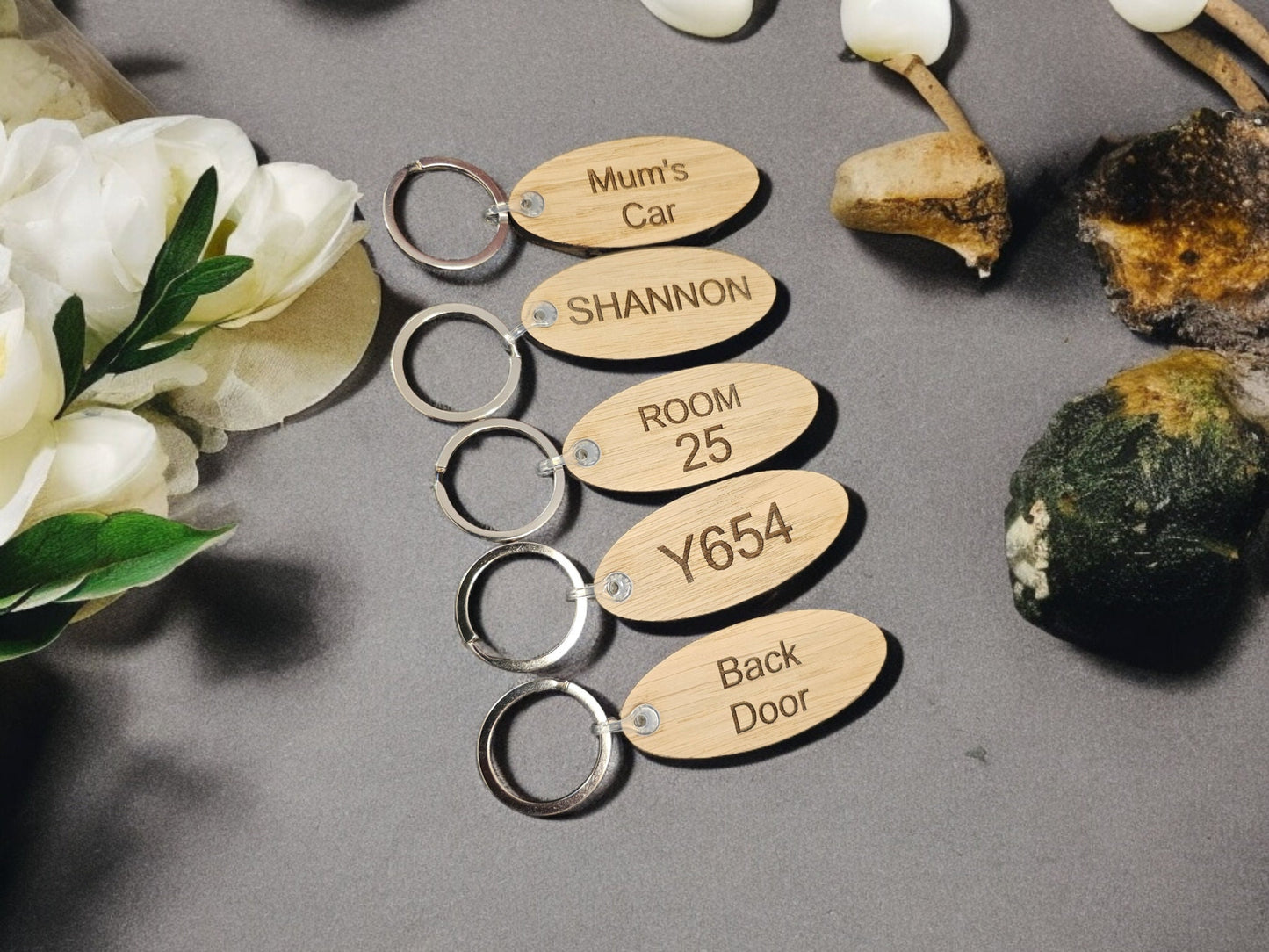 personalised oval oak keyring, air B&B, caravan, hot tub, hotels, car keys, shed, hospitality m, rustic wooden keyring
