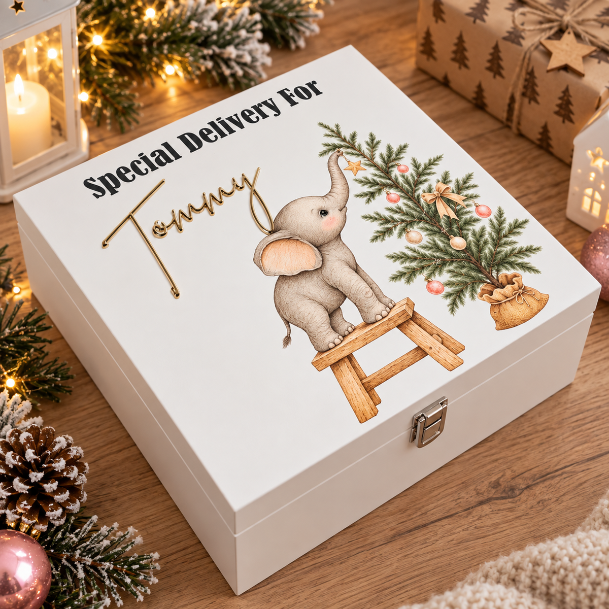 Personalised Christmas Eve Box – Elephant Christmas Tree Design | Special Delivery Keepsake Box for I Children