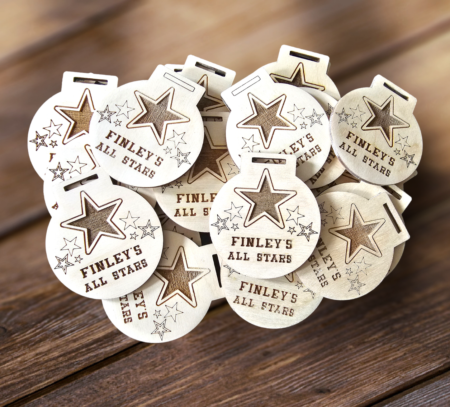 Wood medals, sport medals, environmentally friendly medals, personalised birthday medals, personalised medals