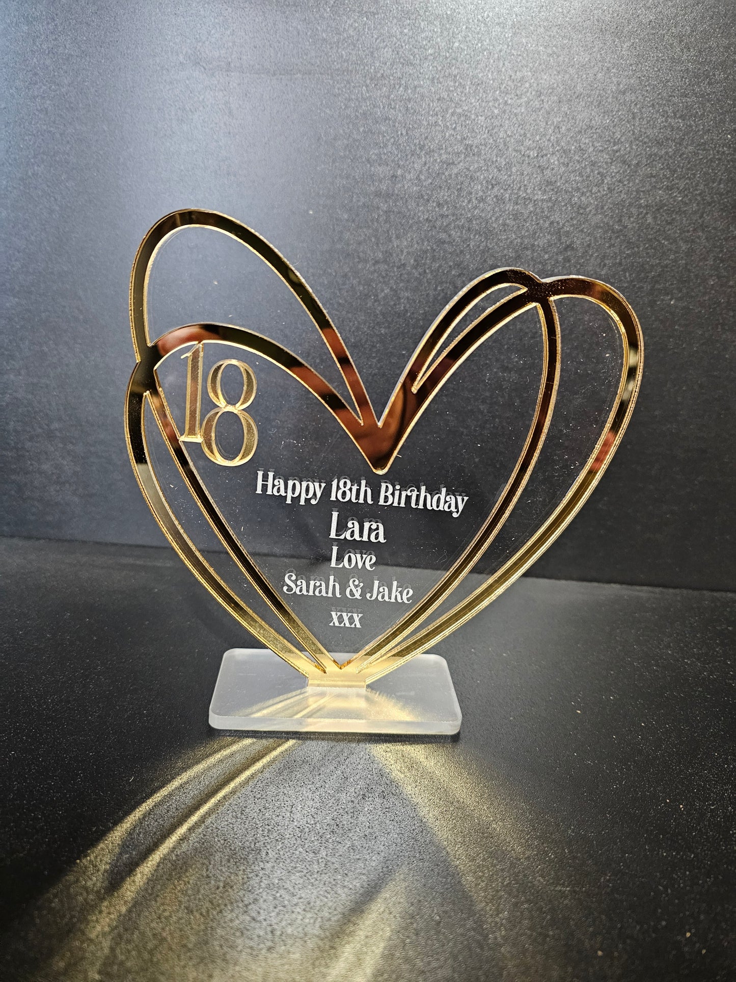 Personalised heart plaque for milestone birthdays. Custom age, name & message. A timeless keepsake gift for 18th, 21st or 30th birthdays.
