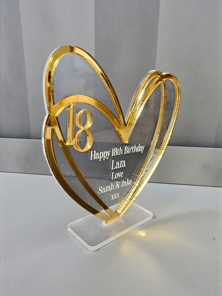 Personalised heart plaque for milestone birthdays. Custom age, name & message. A timeless keepsake gift for 18th, 21st or 30th birthdays.