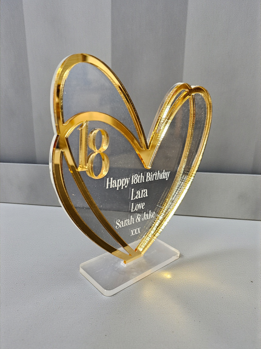 Personalised heart plaque for milestone birthdays. Custom age, name & message. A timeless keepsake gift for 18th, 21st or 30th birthdays.