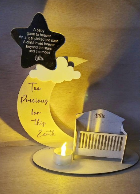 Personalised baby memorial tealight holder/angel baby/moon and star/ anniversary/ angel baby, angel baby memorial