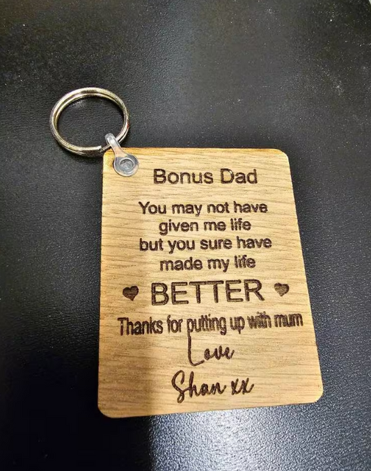 Personalised bonus dad keyring, stepdad gift, personalised gift, fathers day gift, wooden keyring, bespoke,  rustic,