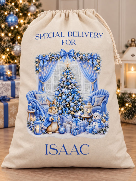Personalised Blue Christmas Santa Sack | Special Delivery Christmas Gift Bag | Boys Xmas Present Sack | Custom Name