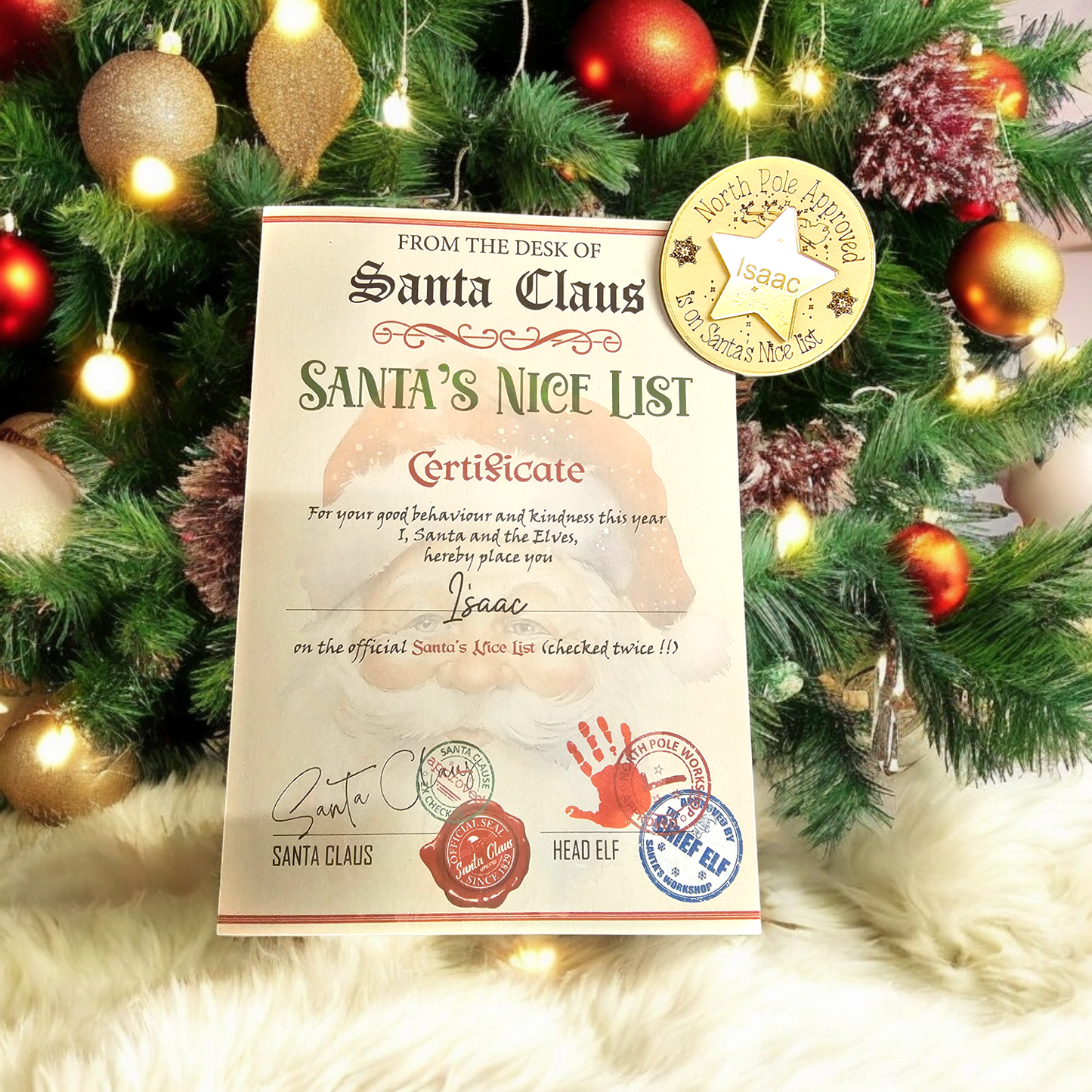 Personalised Santa's nice list certificate and badge