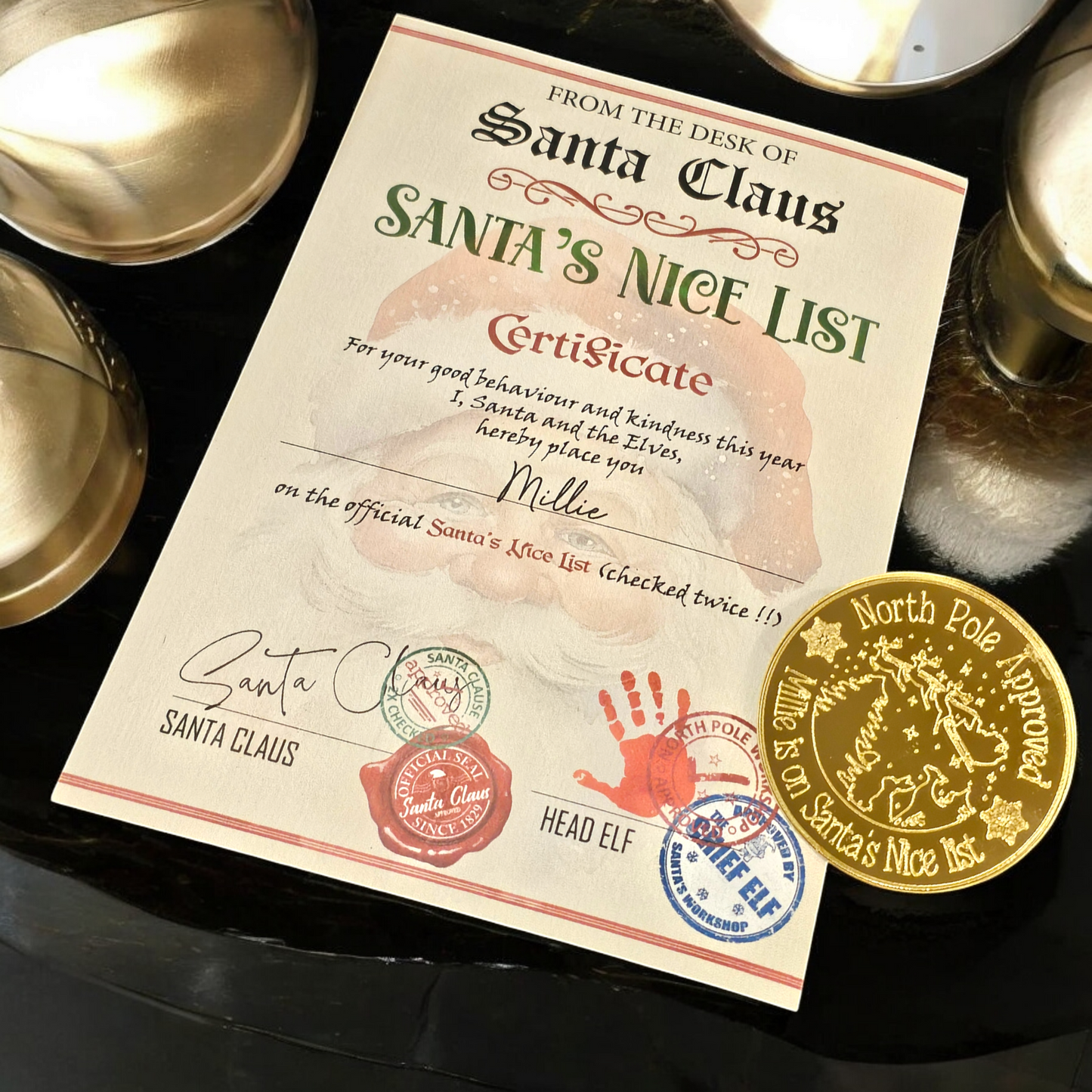 Personalised Santa's nice list certificate and badge