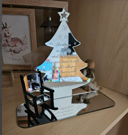 Personalised Christmas in heaven memorial, silver mirror, bespoke, rocking chair, loved one at Christmas memorial, save a seat