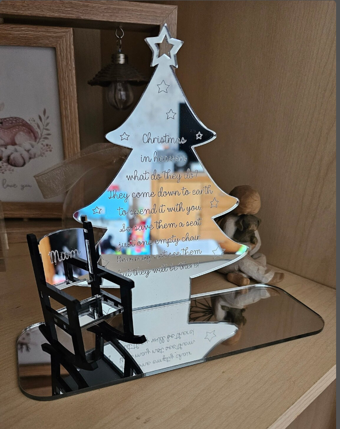 Personalised Christmas in heaven memorial, silver mirror, bespoke, rocking chair, loved one at Christmas memorial, save a seat