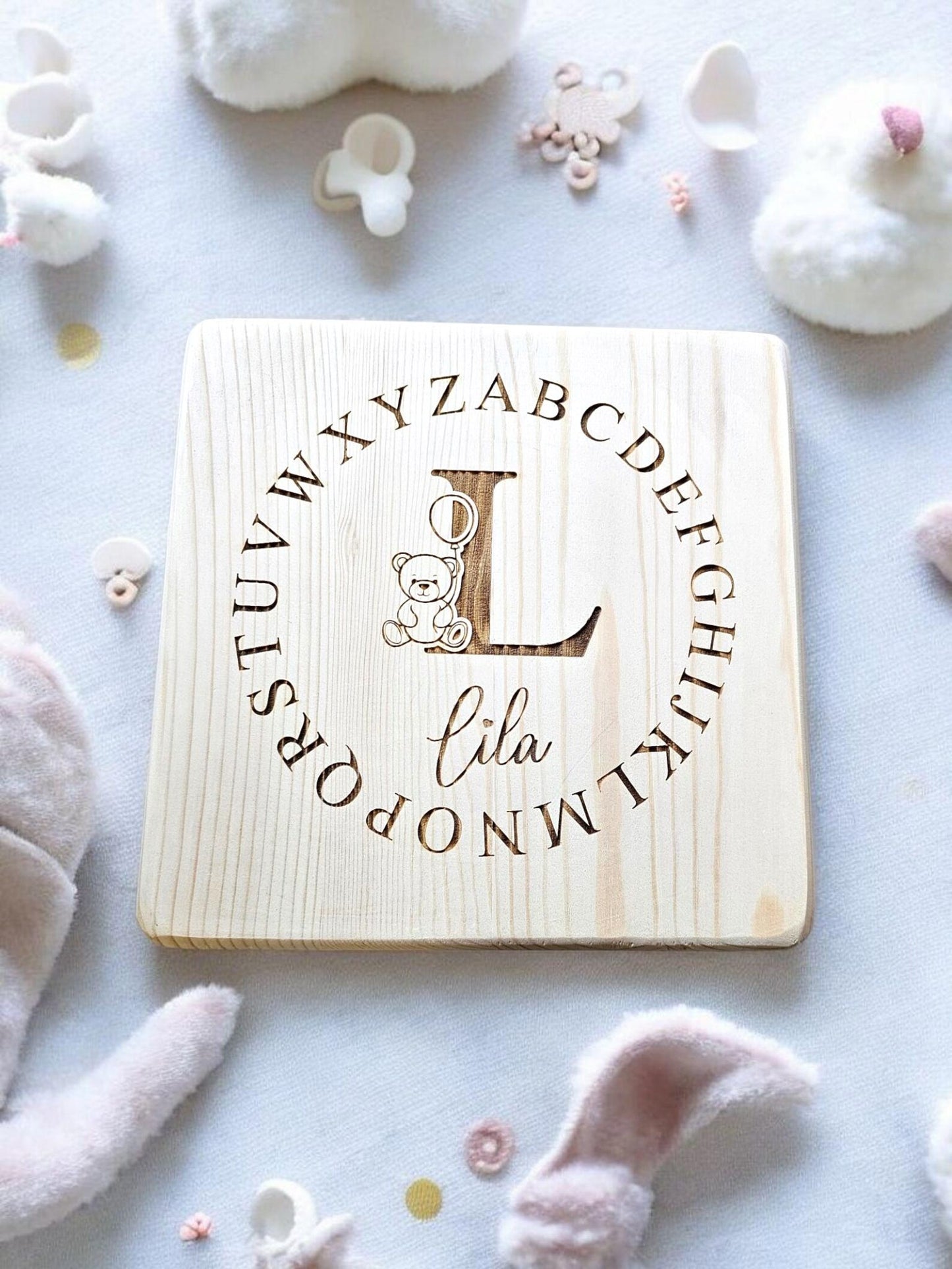Personalised alphabet teddy stool, personalised wooden stool, alphabet theme, children's gift, rustic decor, engraved stool, first birthday