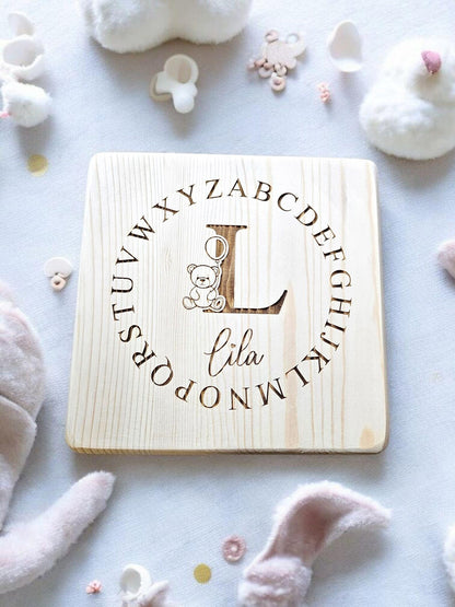 Personalised alphabet teddy stool, personalised wooden stool, alphabet theme, children's gift, rustic decor, engraved stool, first birthday