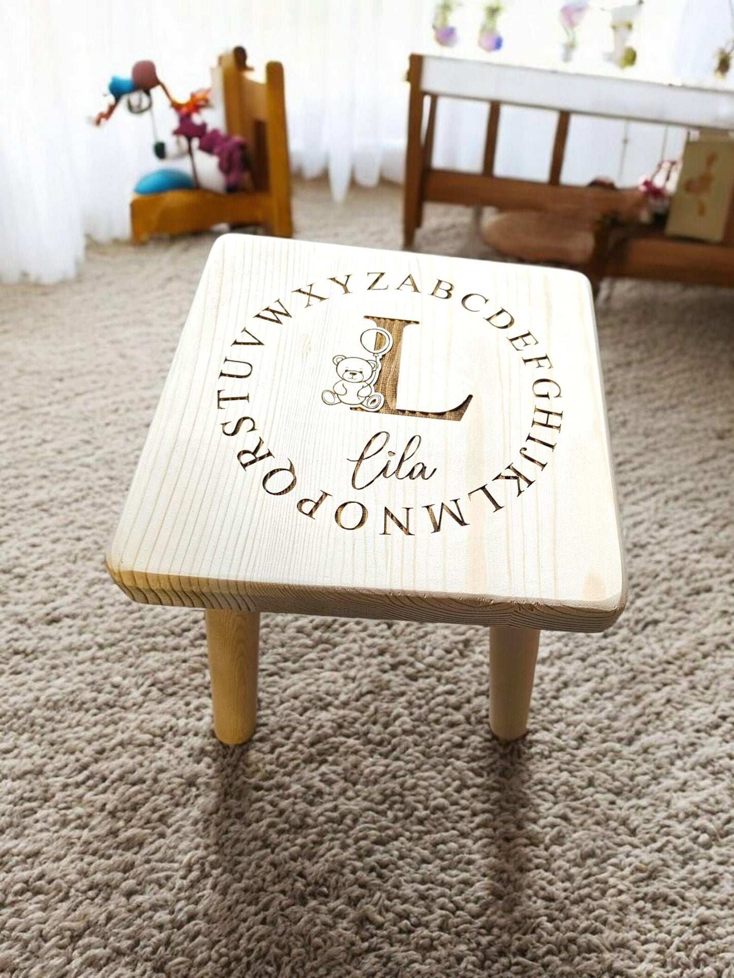 Personalised alphabet teddy stool, personalised wooden stool, alphabet theme, children's gift, rustic decor, engraved stool, first birthday