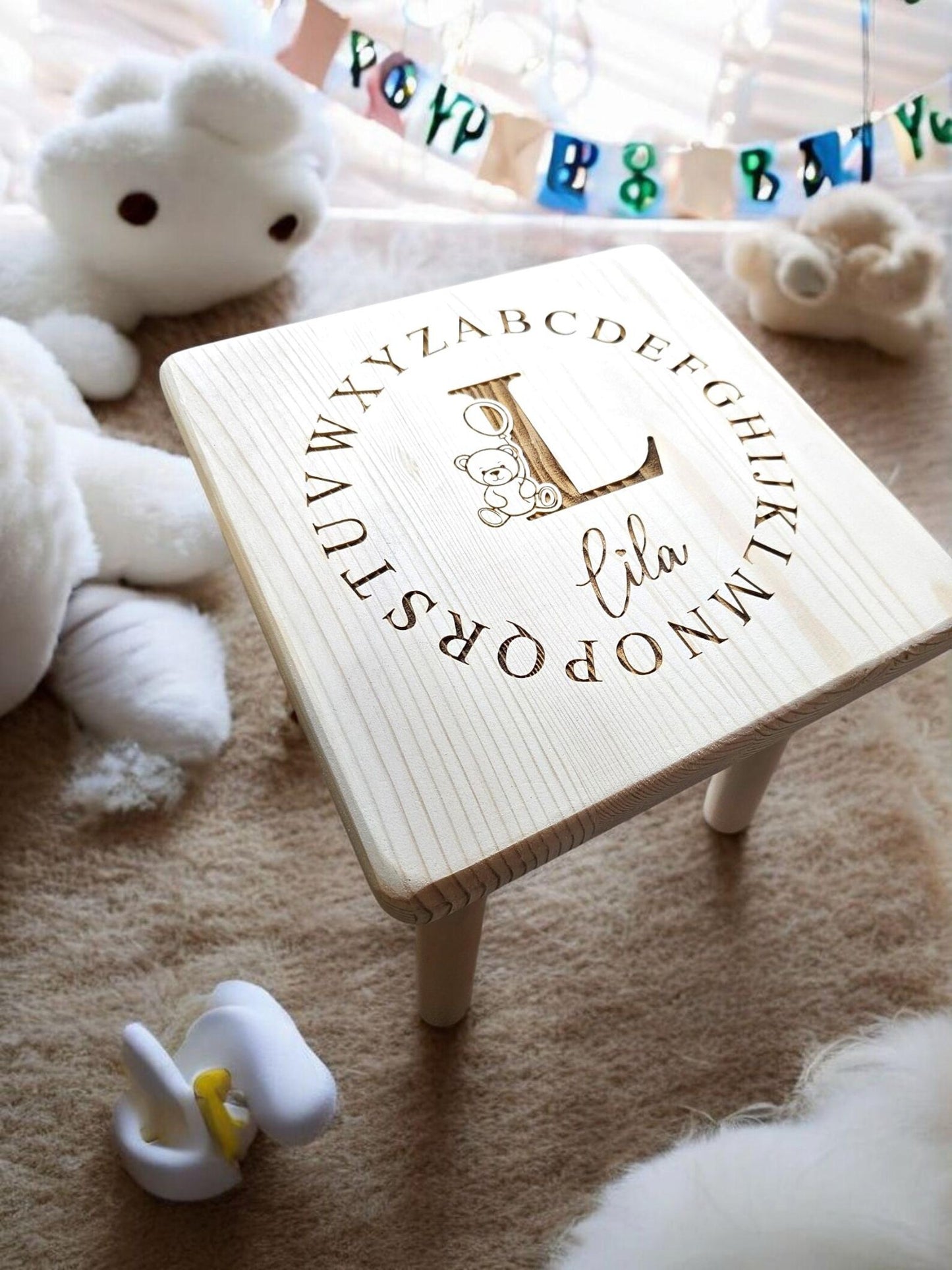 Personalised alphabet teddy stool, personalised wooden stool, alphabet theme, children's gift, rustic decor, engraved stool, first birthday
