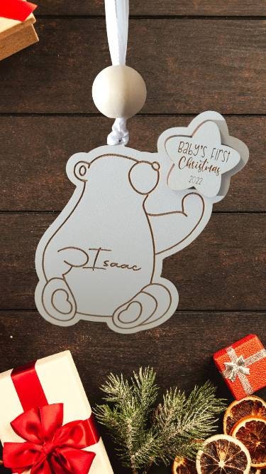 Gazing polar bear personalised 1st Christmas decoration, first Christmas, hanging decoration, keepsake, personalised Christmas decorations