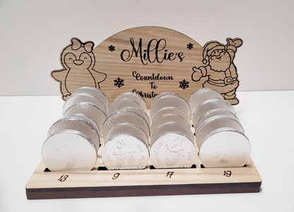 Personalised chocolate coin advent calendar, Personalised Christmas advent, chocolate coin holder, oak vaneer laser cut advent