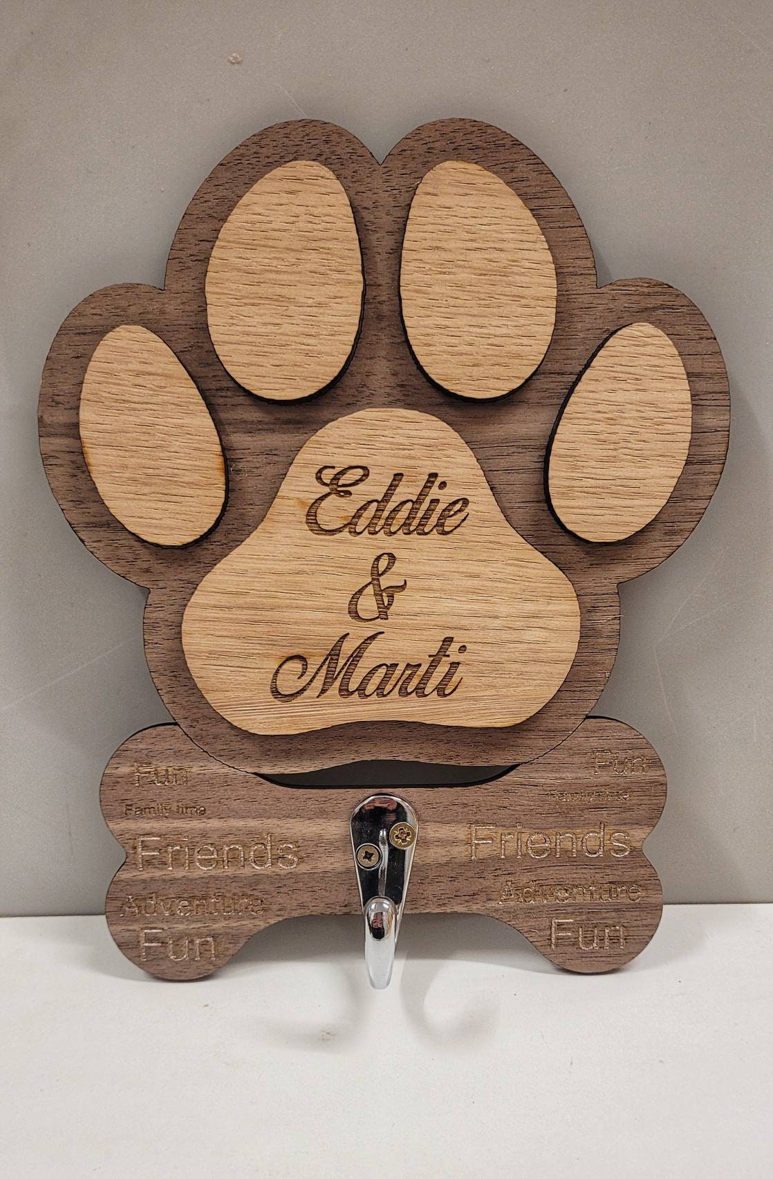 Personalised paw dog lead holder, oak and walnut, pet gift, lead storage, wall plaque. Wooden dog lead holder.