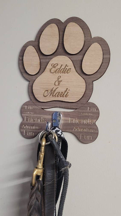 Personalised paw dog lead holder, oak and walnut, pet gift, lead storage, wall plaque. Wooden dog lead holder.