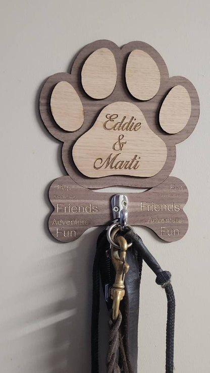 Personalised paw dog lead holder, oak and walnut, pet gift, lead storage, wall plaque. Wooden dog lead holder.