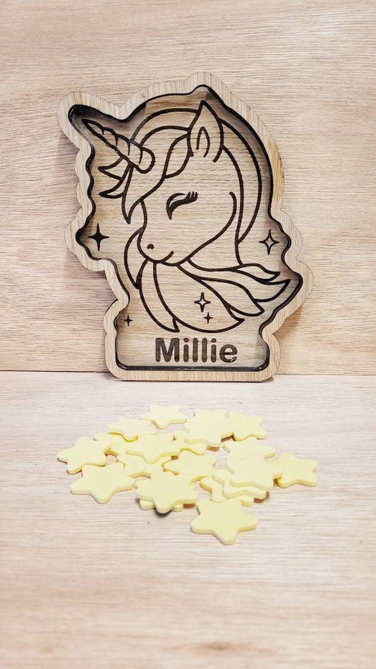 Personalised Unicorn reward jar, money jar, children's rewards, wooden gifts, oak veneer, laser cut, personalised gift, Unicorn.