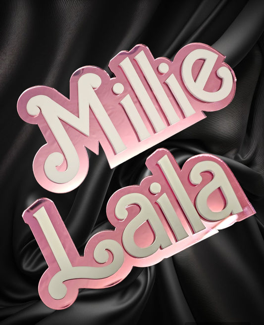 Personalised 3D pink mirror doll inspired door plaques, acrylic, laser cut, playroom, gift for her.