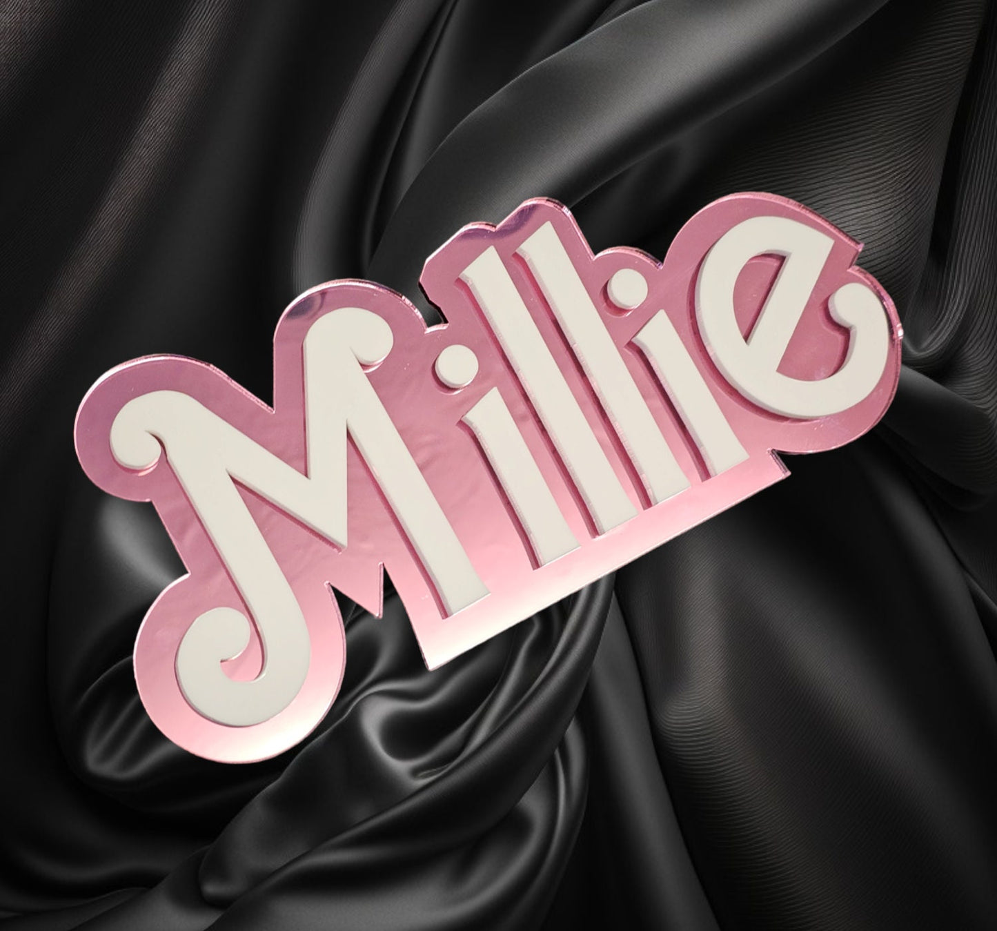 Personalised 3D pink mirror doll inspired door plaques, acrylic, laser cut, playroom, gift for her.