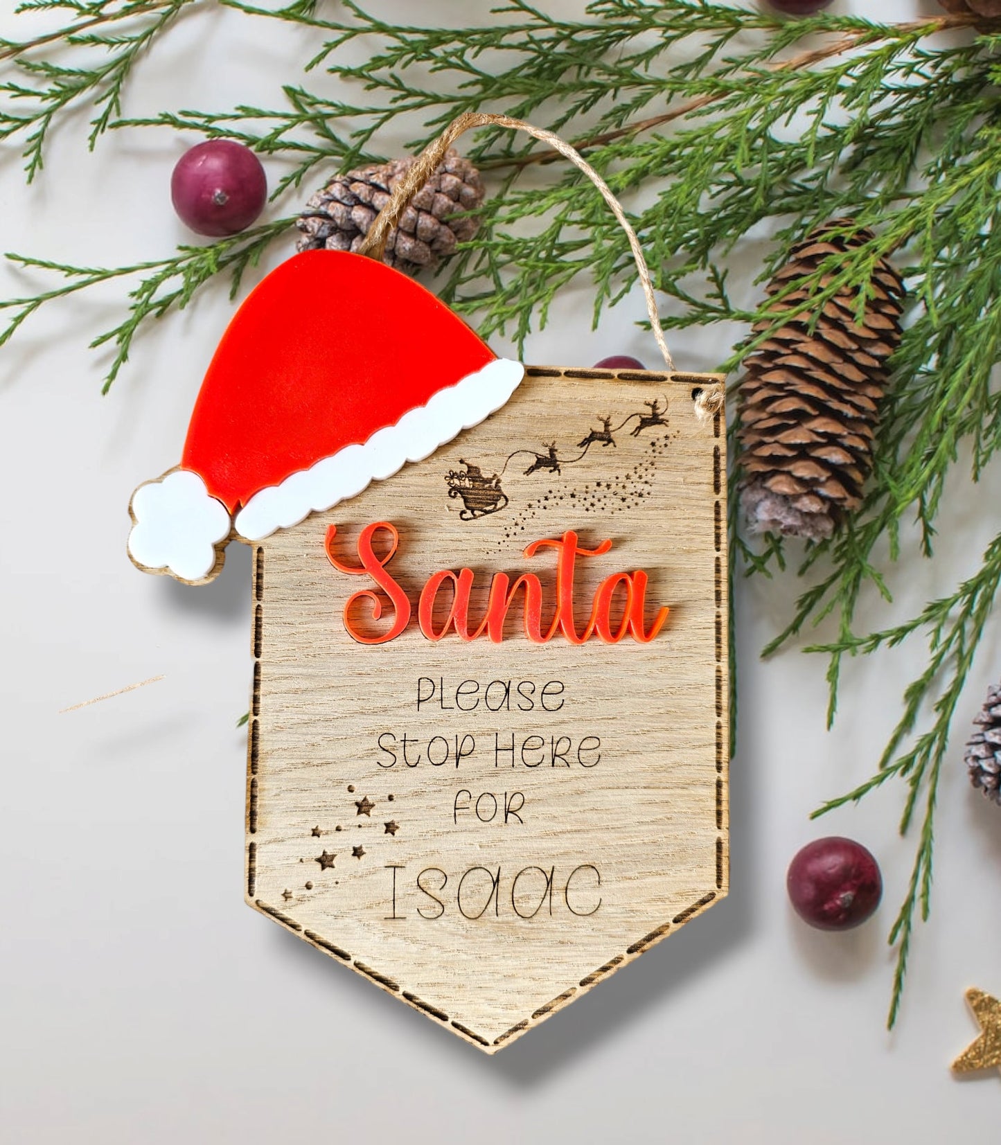 Personalised santa stop her sign, santa sign, Christmas decorations, rustic Christmas, children's Christmas,scandi, pennant flag