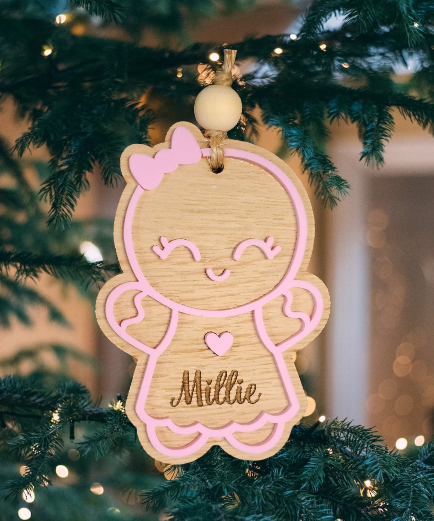 Personalised gingerbread person tree decoration, personalized tree decoration, gingerbread boy, gingerbread girl, oak Christmas tree decor