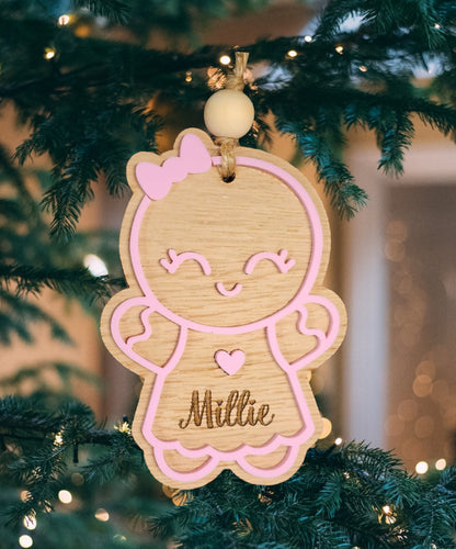 Personalised gingerbread person tree decoration, personalized tree decoration, gingerbread boy, gingerbread girl, oak Christmas tree decor