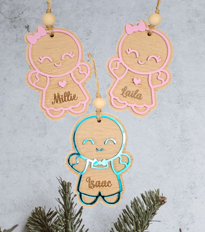 Personalised gingerbread person tree decoration, personalized tree decoration, gingerbread boy, gingerbread girl, oak Christmas tree decor