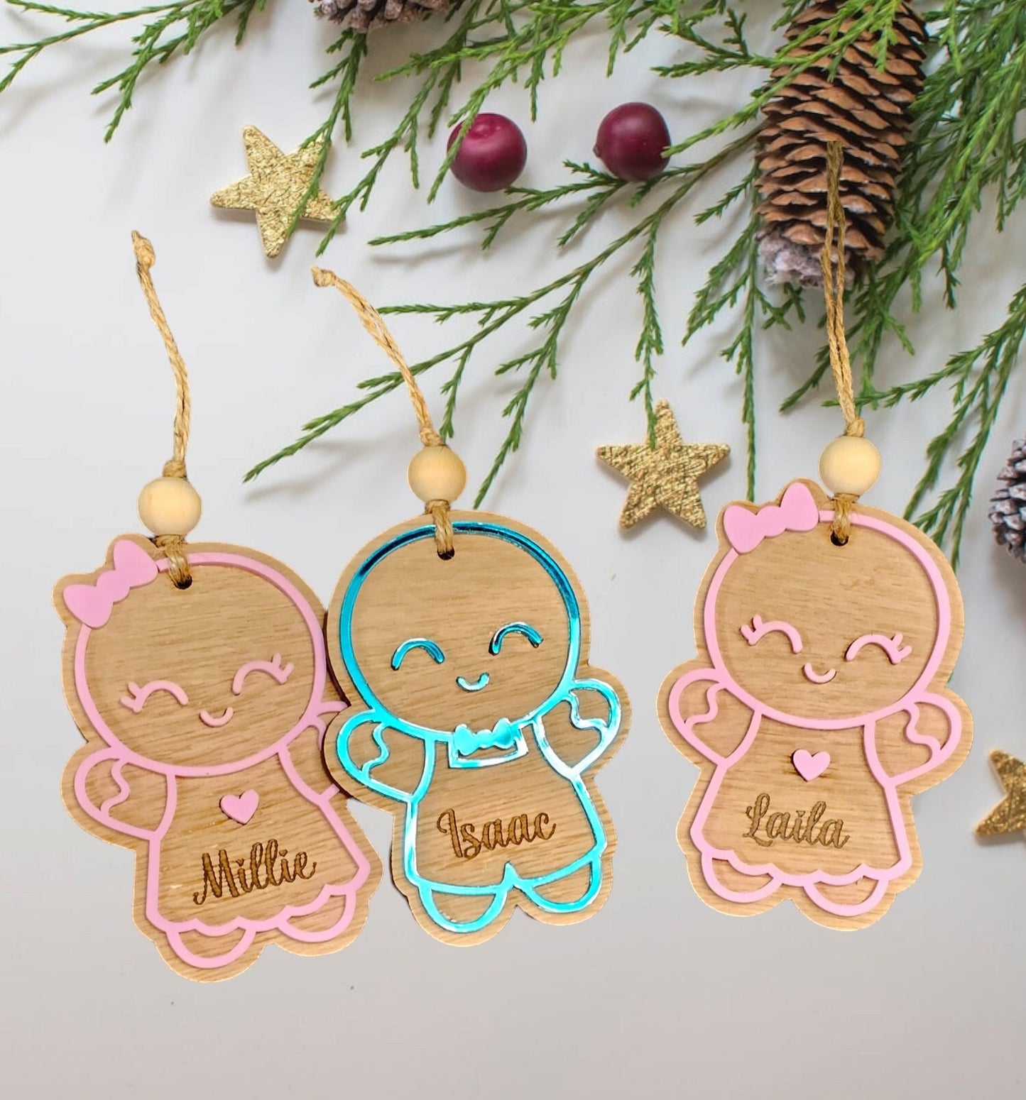 Personalised gingerbread person tree decoration, personalized tree decoration, gingerbread boy, gingerbread girl, oak Christmas tree decor